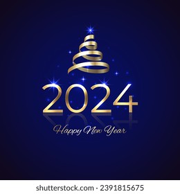 2024, 24 Happy New Year. Shiny golden 2024 with Christmas tree. New Year design for invitation, greeting card, calendar. Shiny gold logo, ribbon. Holiday greeting card. Party event decoration, vector