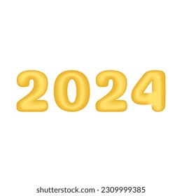 2024 3D digits vector. Golden number 2024 isolated on white background. Trendy 3 D element for New Year designs.