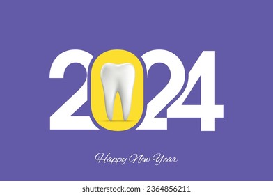 2024 With 3D teeth Happy New Year logo trend design. 2024 colored number design . 2024 typography symbol Happy New Year. Vector illustration with labels trendy and fashionable colors