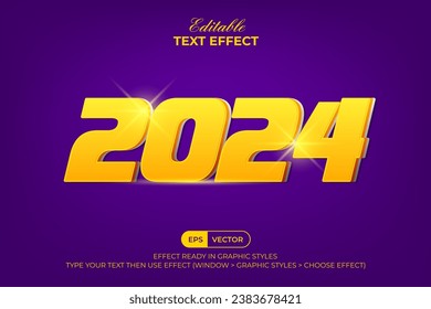 Efecto de texto 3D 2024 Estilo de año nuevo. Efecto de texto modificable.