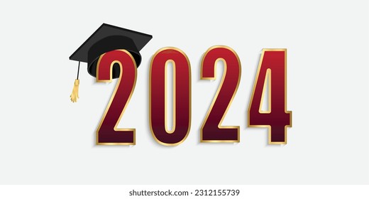 2024 3D text with graduation hat. vector illustration