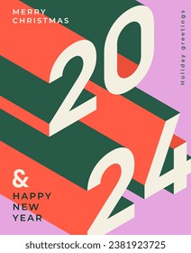 2024 abstract poster concept. Merry christmas and New Year. Flyer and leaflet for winter holidays. Trendy minimalist booklets. Graphic element for website. Cartoon flat vector illustration