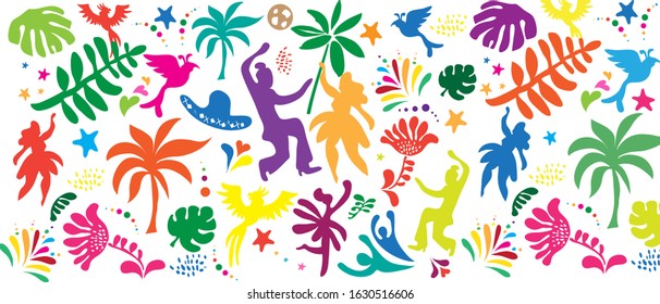 2024 Abstract Rio Brazilian Carnival music dance festival night party Samba dancer parade Sambadrome, New Orleans, Mardi Gras, notting hill, Venezia costume exotic tropical palm leaves vector doodle