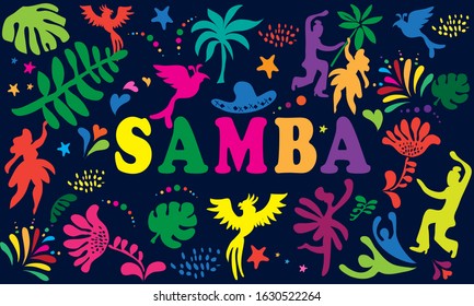 2024 Abstract Rio Brazilian Carnival music dance festival night party Samba dancer parade Sambadrome, New Orleans, Mardi Gras, notting hill, Venezia costume exotic tropical palm leaves vector template