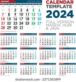 Plantilla de calendario AD 2024 con calendarios islámicos y javaneses adicionales