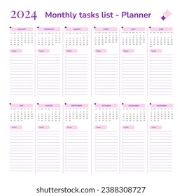 2024 agenda planner bullet journal new year monthly calendar layout with tasks list todo for events holidays appointments school work goals checklist in minimal modern style editable printable sheet.