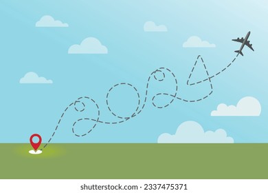 2024 Airplane routes. Travel vector icon. Travel from start point and dotted line tracing. Airplane Take off from location to the sky