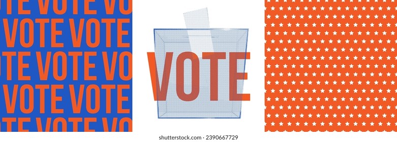 2024 American elections vote seamless patterns set. Vintage collection of pattern with democratic vote slogan, stars. Trendy vector design for advertising products and printing