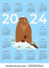 Calendario anual de 2024. Masa animal en la nieve con gotas de nieve. Ilustración vectorial. Plantilla vertical de 12 meses en inglés. La semana comienza el domingo. Día de vacaciones Día de diversión