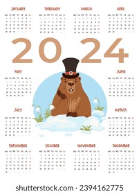 2024 annual calendar. Cute groundhog character in hat in snow with snowdrops. Vector illustration. Vertical template 12 months in English. Week starts from Monday. Holiday calendar Groundhog Day