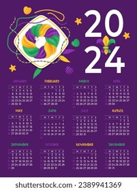 Calendario anual de 2024. Carnaval de Mardi Gras. Pastel de reyes festivo con juguete de niño Jesús, collares en el plato. Ilustración vectorial al estilo de las caricaturas. Plantilla vertical de 12 meses en inglés. La semana empieza el domingo