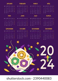 2024 annual calendar. Mardi Gras carnival. King Cake. Festive colorful donuts on plate. Vector illustration in cartoon style. Vertical template 12 months in English. Week from Monday
