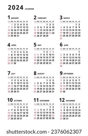 Calendario anual de 2024
Tipo vertical simple