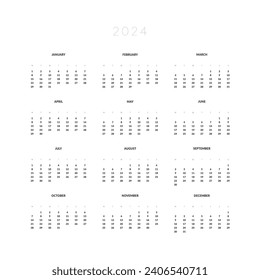 2024 Annual Calendar template in Square shape. Vector layout of a wall or desk simple calendar with week start Monday. Calendar design in black and white color for print