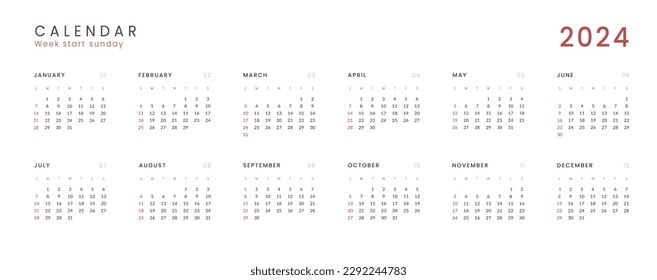 2024 Annual Calendar template with transparent background. Vector layout of a wall or desk simple calendar with week start Sunday. Calendar design in black and white colors, holidays in red colors.