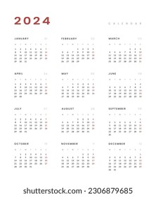 Plantilla del Calendario Anual 2024 con fondo transparente. Diseño vectorial de una pared o de un calendario simple de escritorio con inicio de semana el lunes. Diseño de calendario en colores blanco y negro, vacaciones en colores rojos.