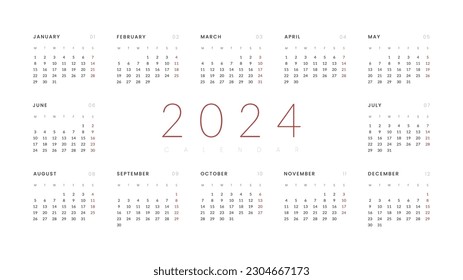 2024 Annual Calendar template. Vector layout of a wall or desk simple calendar with week start Monday. Horizontal Calendar design in black and white colors, holidays in red colors.