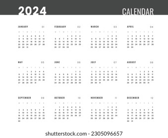 2024 Annual Calendar template. Vector layout of a wall or desk simple calendar with week start monday.
