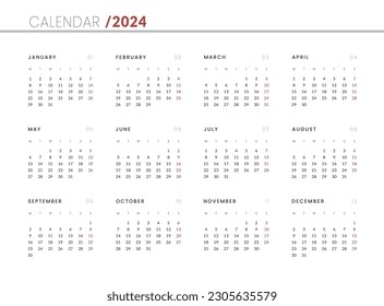 2024 Annual Calendar template. Vector layout of a wall or desk simple calendar with week start monday.