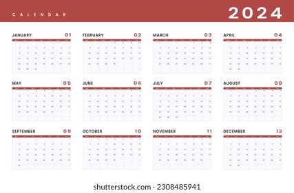 Plantilla del Calendario Anual 2024. Diseño vectorial de una pared o un calendario simple de escritorio con semana de inicio lunes. Diseño de calendario en colores blanco y negro, vacaciones en colores rojos.