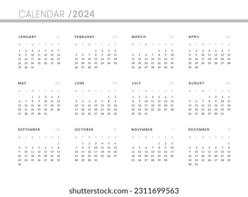 2024 Annual Calendar template. Vector layout of a wall or desk simple calendar with week start monday.