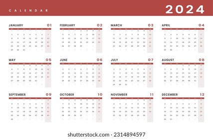 2024 Annual Calendar template. Vector layout of a wall or desk simple calendar with week start monday. Calendar design in black and white colors, holidays in red colors.