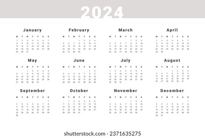 2024 Annual Calendar template. Vector layout of a wall or desk simple calendar with week start Monday. Calendar design in black and white colors