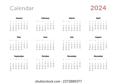 2024 Annual Calendar template. Vector layout of a wall or desk simple calendar with week start Monday. Calendar design in black and white colors, holidays in red colors.
