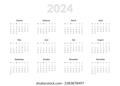 2024 Annual Calendar template. Vector layout of a wall or desk simple calendar with week start Monday. Calendar design in black and white colors, holidays in red colors.