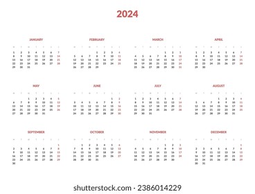 2024 Annual Calendar template. Vector layout of a wall or desk simple calendar with week start Monday. Calendar design in black and white colors, holidays in red colors.
