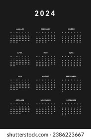 2024 Annual Calendar template. Vector layout of a wall or desk simple calendar with week start Monday. Monochrome Calendar design in dark colors