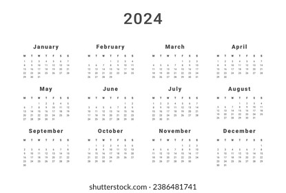 2024 Annual Calendar template. Vector layout of a wall or desk simple calendar with week start Monday. Calendar design in black and white colors