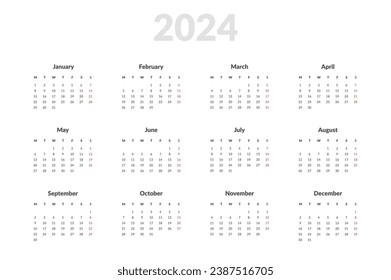 2024 Annual Calendar template. Vector layout of a wall or desk simple calendar with week start Monday. Calendar design in black and white colors, holidays in red colors.