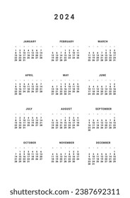 2024 Annual Calendar template. Vector layout of a wall or desk simple calendar with week start Monday. Calendar design in black and white colors