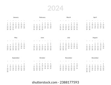 2024 Annual Calendar template. Vector layout of a wall or desk simple calendar with week start Monday. Calendar design in black and white colors