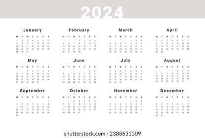 Plantilla del Calendario Anual 2024. Diseño vectorial de una pared o de un calendario simple de escritorio con inicio de semana el lunes. Diseño del calendario en colores blanco y negro