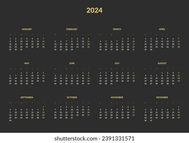 2024 Annual Calendar template. Vector layout of a wall or desk simple calendar with week start Monday. Calendar design in yellow and dark colors