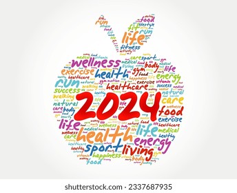 Collage de nube de palabras de manzana de 2024, fondo de concepto de salud