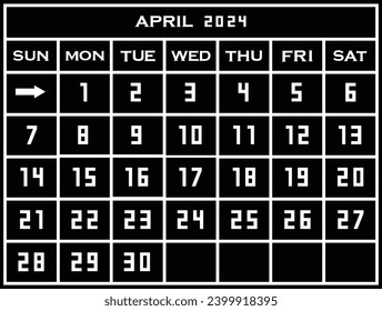 2024 april calendar template. Flat graphics of single page of wall Calendar concept isolated on black background. Week starts from monday. EPS 10.