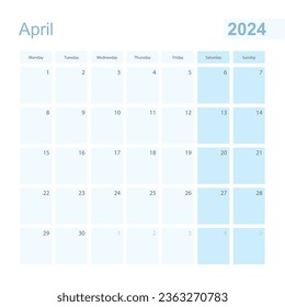 2024 April Wandplaner in blau pastellfarben, Woche beginnt am Montag. Kalender für April 2024 mit blauem Quadrat und mit dem Tag des Vorjahres und des nächsten Monats.