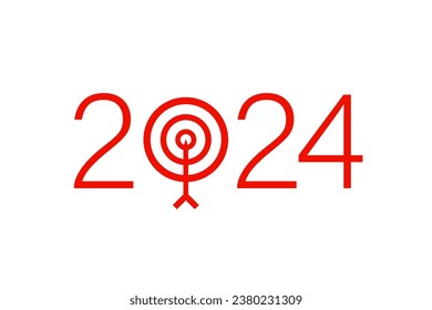 2024 con flecha y objetivo como objetivo, resolución, aspiración y concepto de éxito. Arte y puntería en el centro del tablero, tiro en círculo medio, toro. Ilustración vectorial sobre fondo blanco.