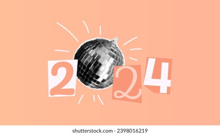 2024 Kunstcollagen mit Halftone Disco Ball einzeln auf trendigem Hintergrund von Peach Fuzz. Farbe des Jahres 2024. Moderner Retro-Banner, Plakatvorlage mit Kopienraum für Text. Vektorgrafik