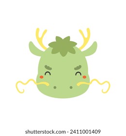 2024 Asian zodiac sign, cute Chinese dragon face character illustration. Hand drawn vector illustration, isolated on white. Kawaii cartoon style design. Lunar New Year holiday card, banner element