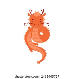 2024 Asian zodiac sign, cute Chinese dragon flat character illustration. Hand drawn vector illustration, isolated on white. Kawaii cartoon style design. Lunar New Year holiday card, banner element