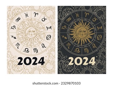 Portada de astrología 2024 para diario, calendario. Sol y luna con cara, rueda de zodiac con 12 símbolos de horóscopo. Impresión mística vectorial.