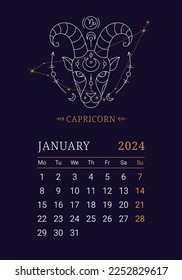 2024 Astrology wall monthly calendar with Capricorn zodiac sign. January calendar template with zodiac constellation on dark blue sky, week starts on Monday thin line vector illustration