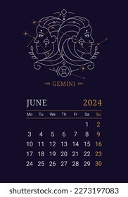 2024 Astrology wall monthly calendar with Gemini zodiac sign. June calendar template with zodiac constellation on dark blue sky, week starts on Monday thin line vector illustration