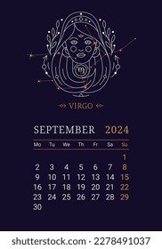 2024 Astrology wall monthly calendar with Virgo zodiac sign. September calendar template with zodiac constellation on dark blue sky, week starts on Monday thin line vector illustration
