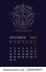 2024 Astrology wall monthly calendar with Sagittarius zodiac sign. December calendar template with zodiac constellation on dark blue sky, week starts on Monday thin line vector illustration