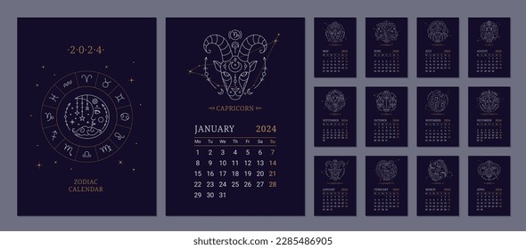 Calendario mensual de la pared de astrología con signos de zodiaco. 12 meses plantillas verticales de calendario con constelaciones de zodiaco en el cielo azul oscuro, la semana comienza el lunes ilustración de vector de línea delgada